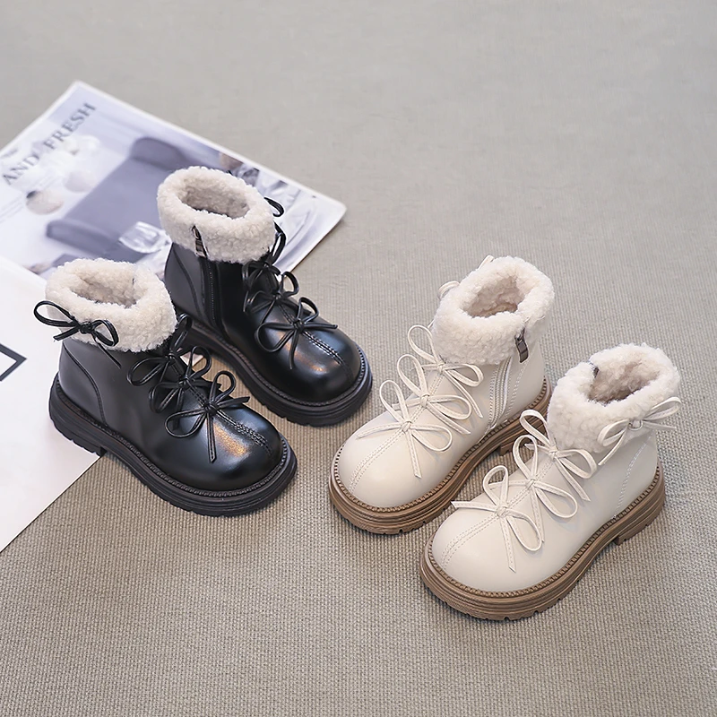 Girls Leather Ankle Boots with Bow Detail for Winter