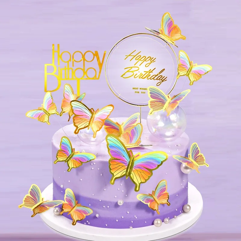 22pcs/set Gold Butterfly Cake Topper Happy Birthday Cupcake