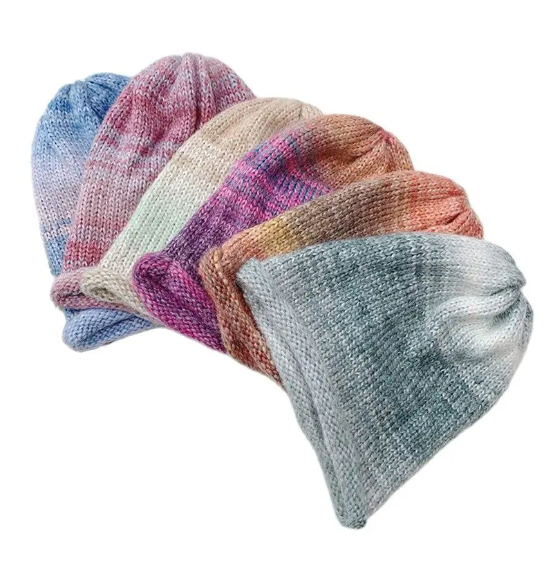 

Slouchy Tie dye gradient color knitted hats Beanie hats Women's soft warm Elastic Skullcap balaclava For outdoor cycyling