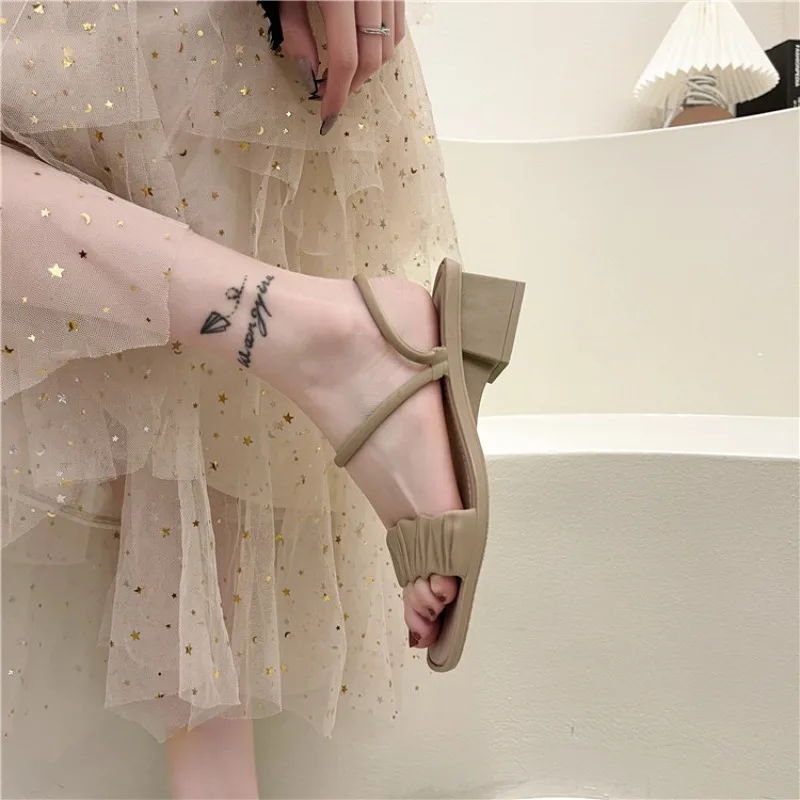 Two-Way Wear Roman Elegant Women's Slippers Mid Heel Slip-On Outdoor Casual Sandals Versatile Casual Shoes