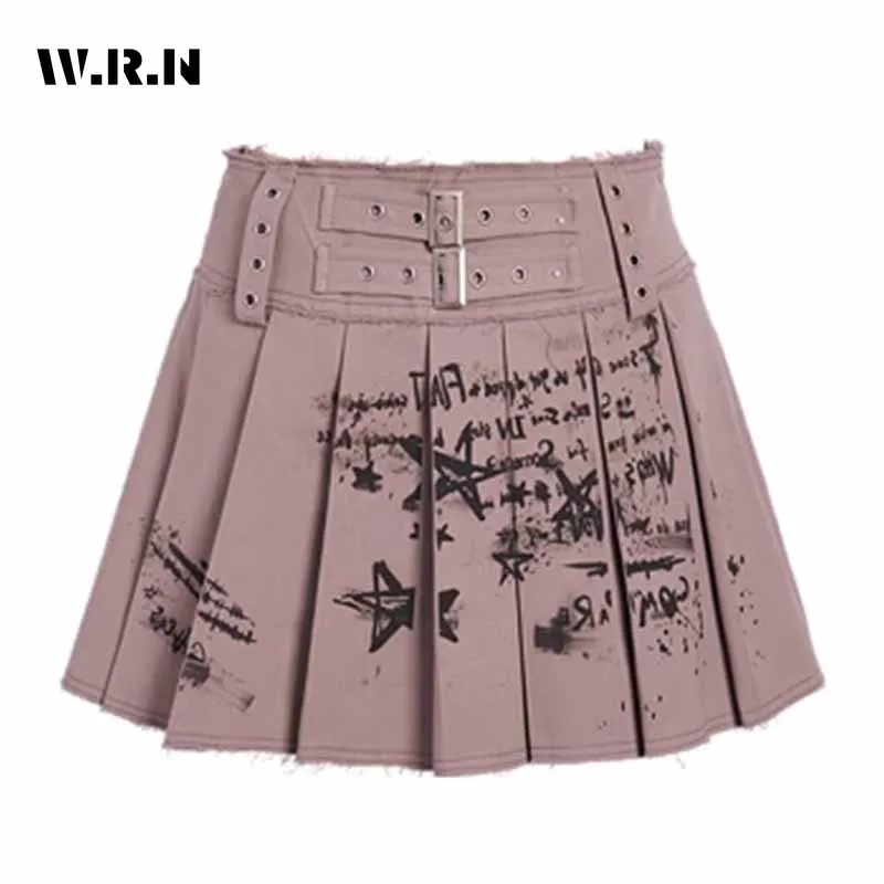 

Korean Y2K Pink Harajuku High Waist Street Print Jeans Skirts 2023 Summer Women's Sexy Slim Fit Hotsweet Denim Pleated Skirt