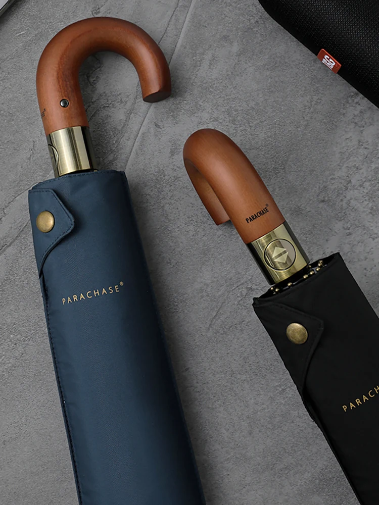 Parachase Luxury Wooden Umbrella Men Business Style Folding Automatic Umbrella Big Size Golf Windproof Strong 10 Ribs