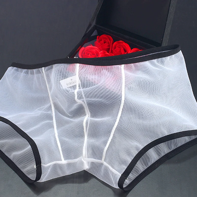 New Men See Through Ultra-Thin Boxer Shorts Mesh Transparent Panties Underpants Underwear Solid Colors Comfortable Comfy Shorts