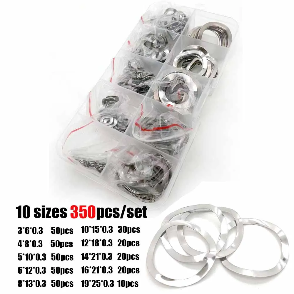 1Box 350pcs/set M3 M4 M5 M6 M8 M10 M12 M16 M19 304 Stainless Steel Three Wave Crest Type Spring Washer Gasket Assortment Kit Set