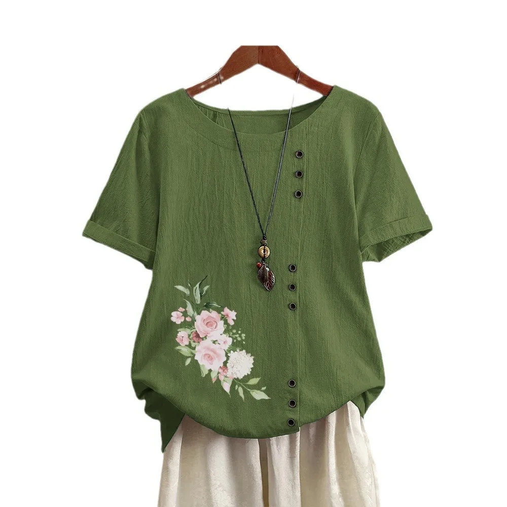 Cotton Linen Floral Print Women Blouse