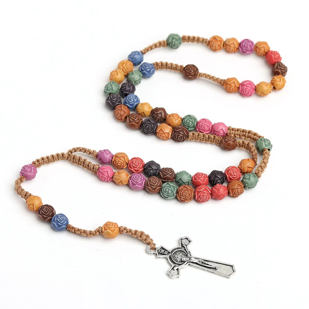 Christian Rose Beads Rosary Necklace For Women INRI Cross Crucifix