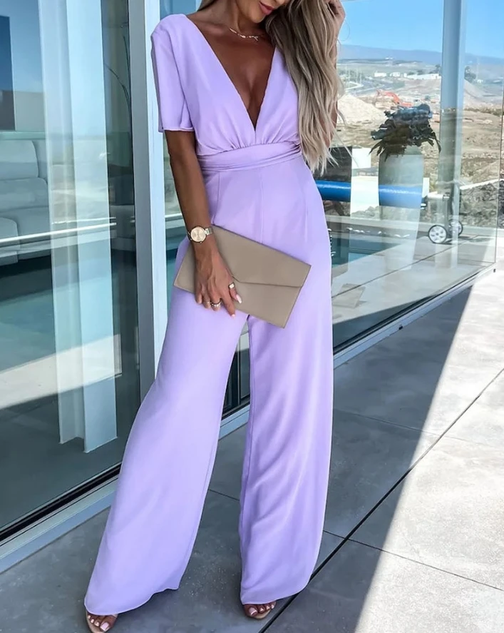 Women's Elegant Jumpsuit 2024 Spring/summer Latest Casual Fashion Commuter Short Sleeve Plunge Daily Vacation Wide Leg Romper