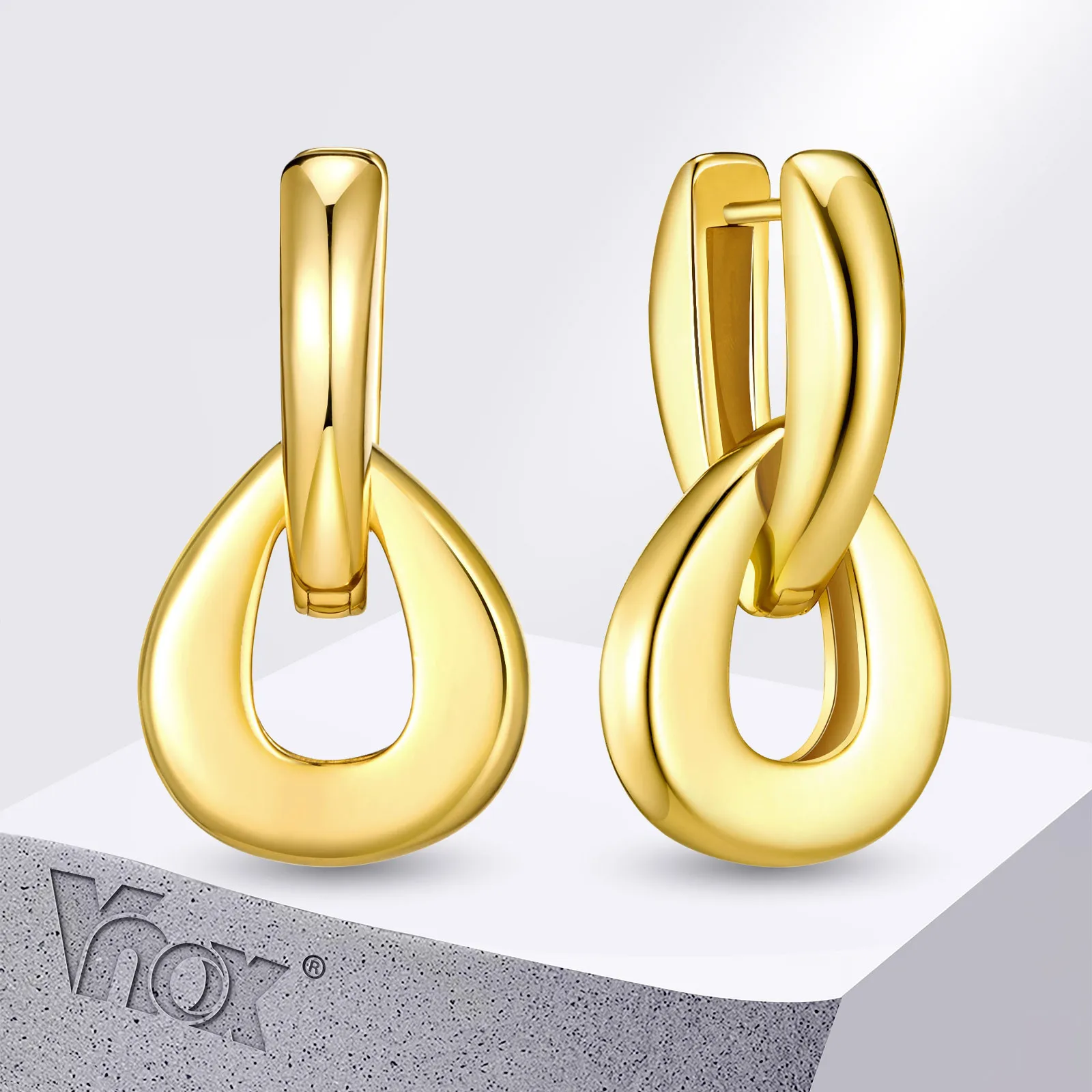 Vnox Creolen für Damen, 18 Karat vergoldet, glatter Doppelring, Wassertropfen-Ohrring, modischer klassischer Schmuck, Patry-Geschenk