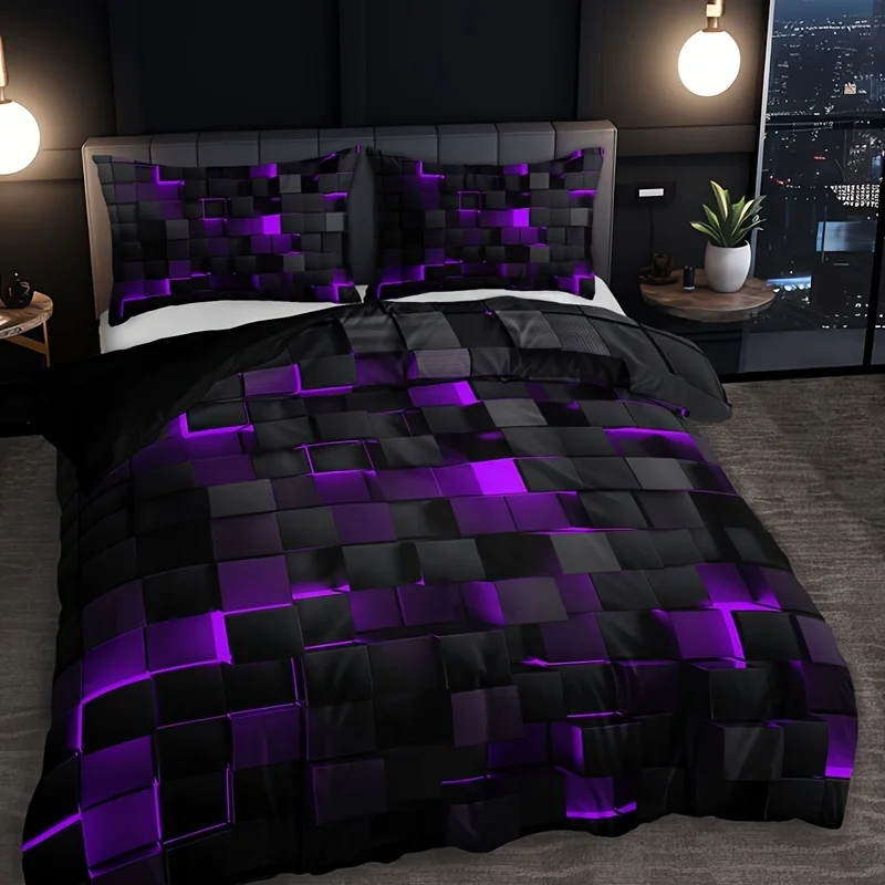 3 Set of Technology Plaid down Quilt Cover，Breathable polyester，Suitable All Seasons，Digital Printing，Washable，Woven