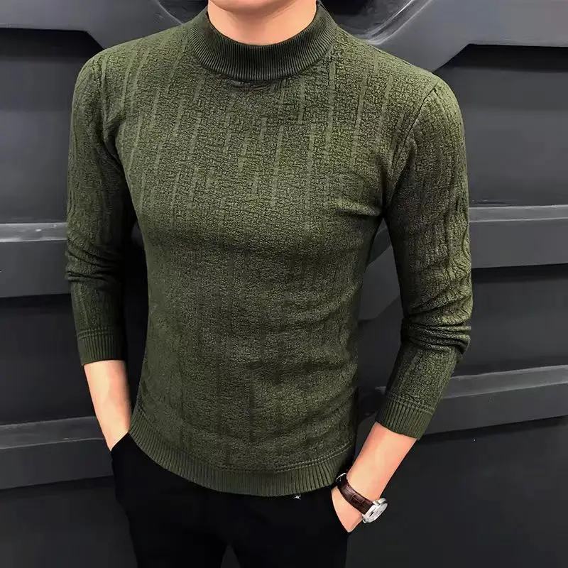 Autumn Winter Half High Collar Screw Thread Men's Clothing Solid Color Pullover Sweater Knitted Casual Fashion Preppy Style Tops 4