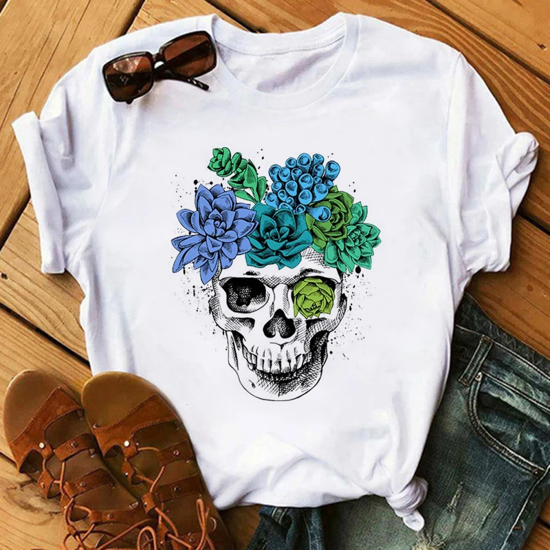 

2024New Summer Skull Flowers Aesthetic Art T Shirt Women Tshirt Punk Rock Clothes Knight Printed T-shirt Fitness Womens Clothing
