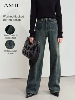 AMII Minimalism Women's Vintage Washed Jeans 2024 Winter New Flocking Thickness Loose Straight Wide Leg Trousers Female 12444210