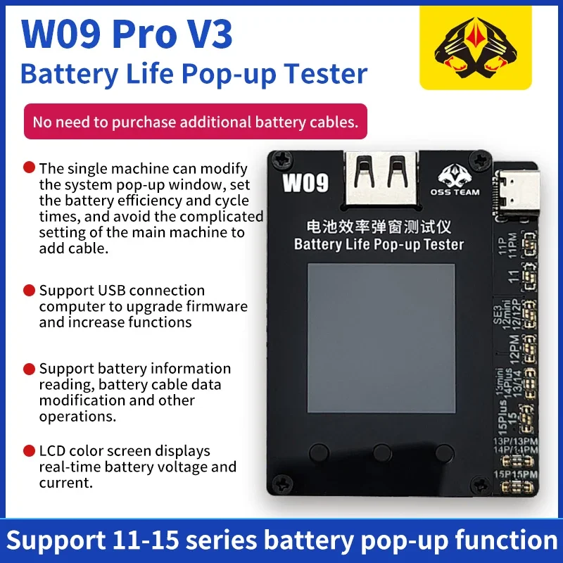 OSS W09 Pro V3 Battery Efficiency Pop Up Tester No External Cable Direct Card Efficiency 100 Data for IPhone 11-15PM i2c kc02s