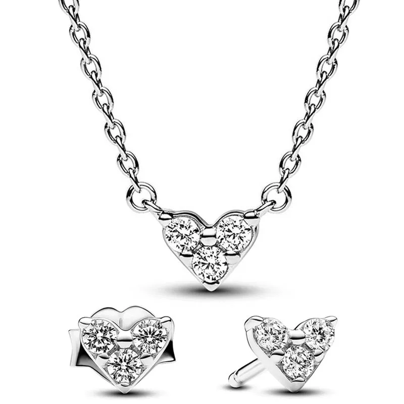 

Original 925 Sterling Silver Triple Stone Heart Collier Necklace Earring With Crystal For Women Europe Fashion Jewelry