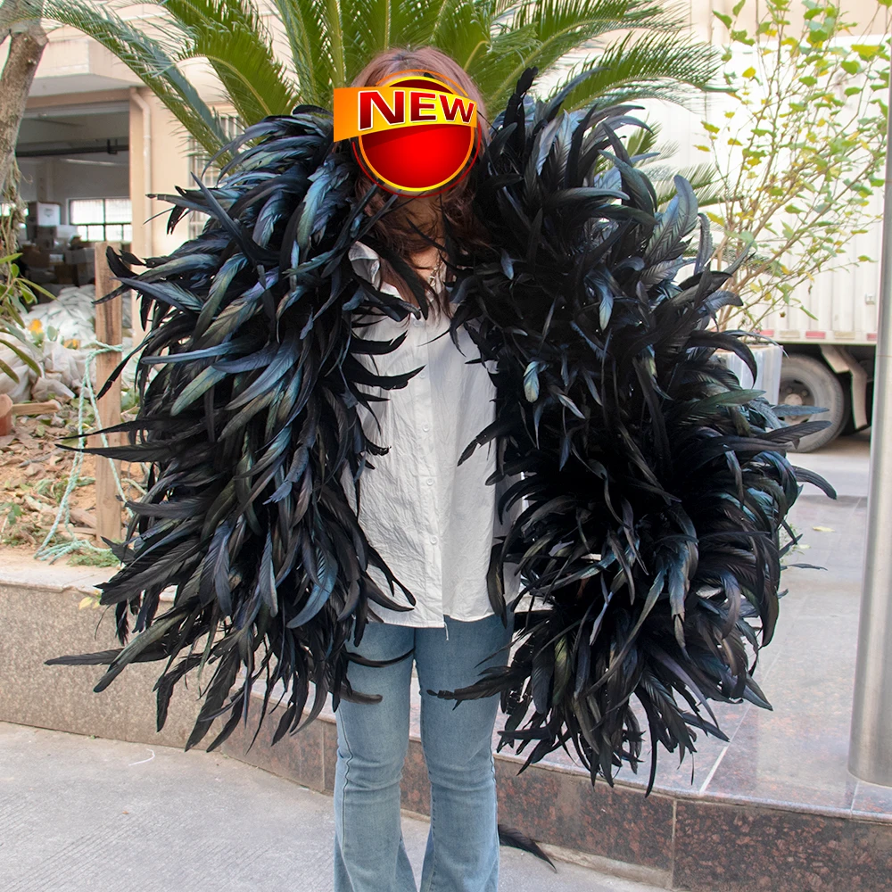 2 Yards Big Black Rooster Chicken Feathers Boa Natural Cock Feather