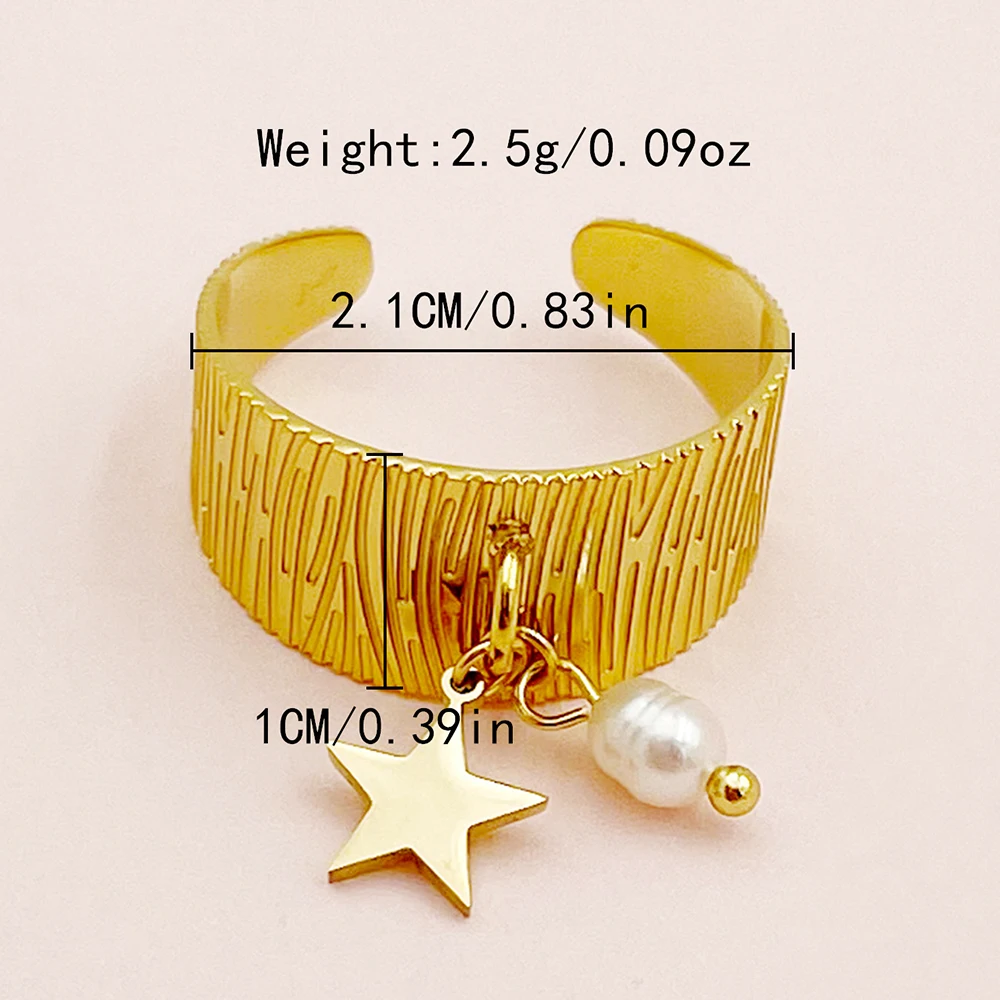 Vintage Star Pearl Pendant Stainless Steel Open Ring 14K Golden Plated Men And Women's Accessories 1pc