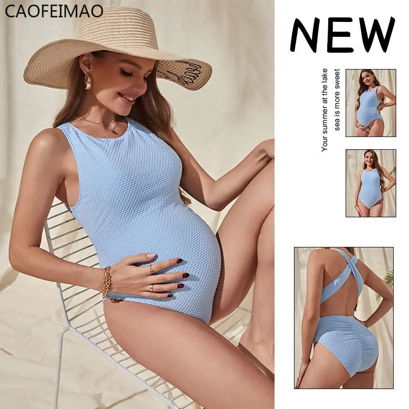 2023 Women's Maternity Swimsuit Tankinis Set Sexy Fashion Solid Colour Double Shoulder Pregnancy Swimwear Beach Bathing Suits