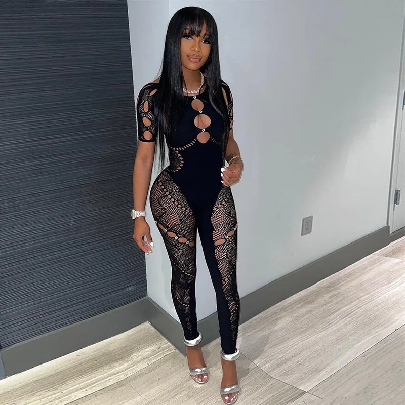 

Sexy Hollow Out Women Jumpsuits Solid Short Sleeve Crystal Lace Rompers 2023 New Popular Sexy Night Club Party One Piece Overall