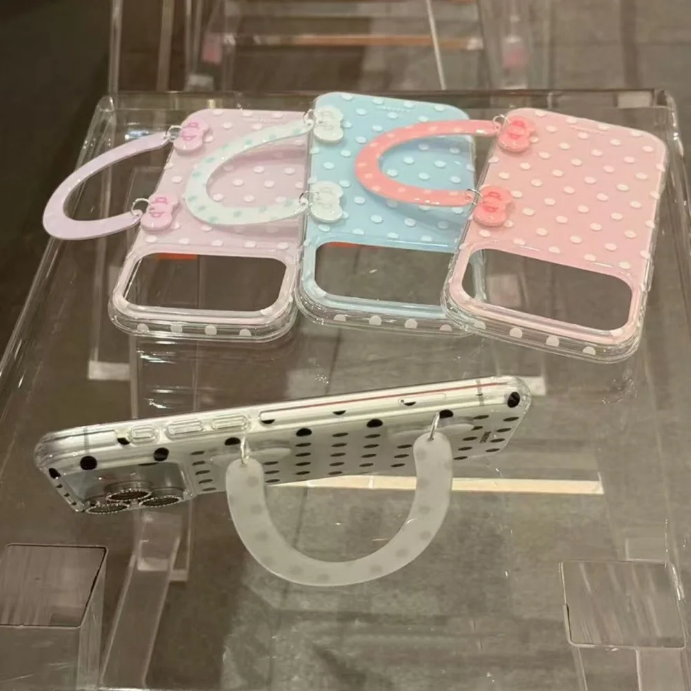 Elegant White Acrylic Phone Case with Fresh Candy Polka Bow Design
