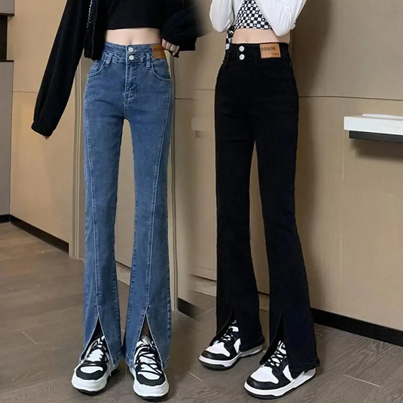 

Korean Version Of Spring Summer New High-Waisted Split Micro Jeans Female Y2k Goth Fashion Casual Slim Flared Wide Leg Mop Pants