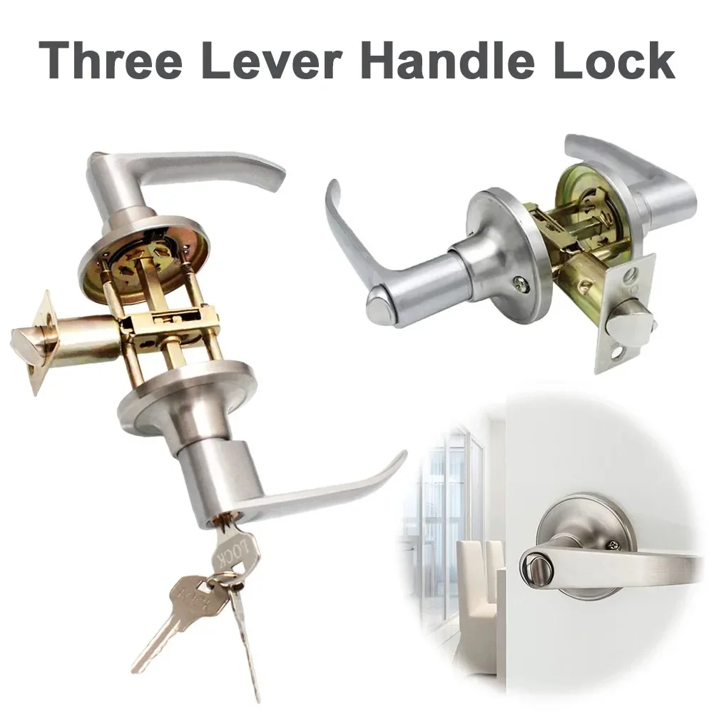 Door Lever Lock with 3 Keys Locking Door Handle Stainless Steel Interior Lever Lock Knob Replacement for Home Office