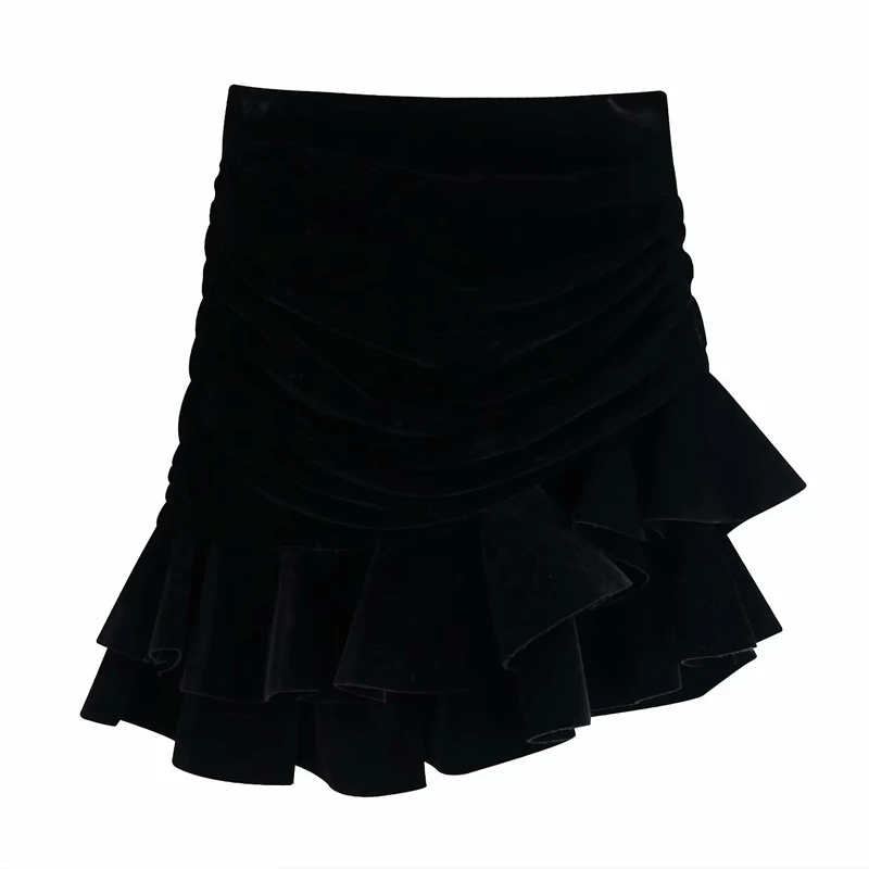 

Vintage velvet mini skrt womens high waist ruffle skirt casual skirts black for women Korean Sexy smmer skirt