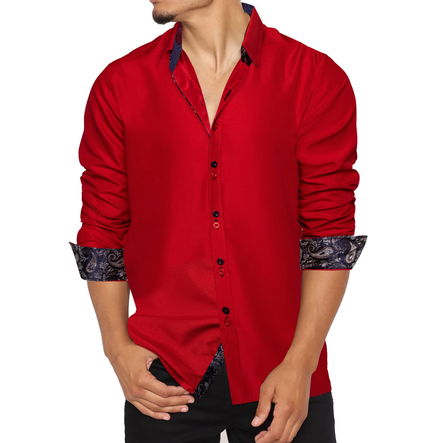Long Sleeve Shirt Men Casual Shirt DiBanGu Men Shirt Long Sleeve Red Solid Blue Paisley Color Contrast Fashion Dress Shirt for Men Button-down Collar Clothing