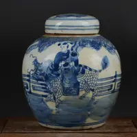 Chinese Blue and White Porcelain Jar Qing Kylin & Kid Design Pot Tea Caddy 6.3" 1