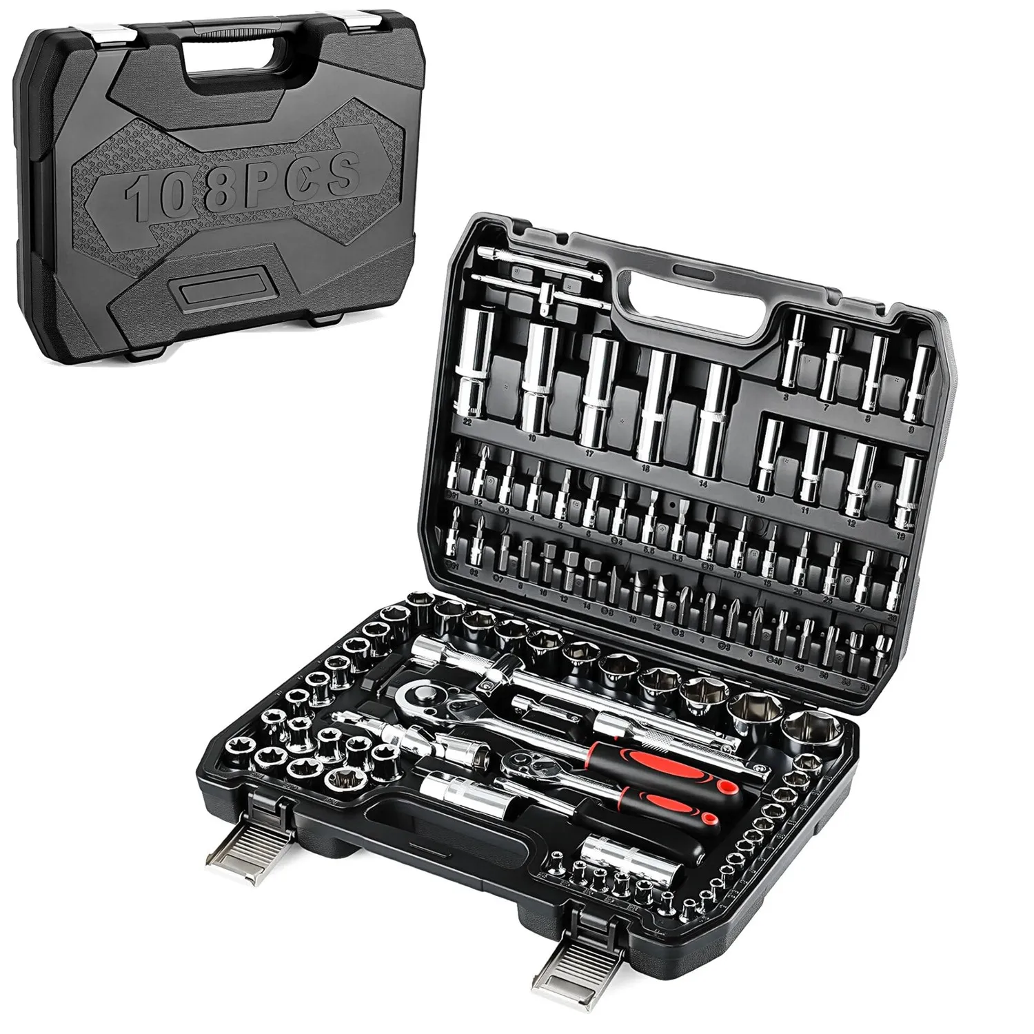 108-teiliges Steckschlüssel-Set, Cr-V-Ratschenschlüssel-Set, 1/2" 1/4" umkehrbare Ratschenbox, Werkzeugkasten für Auto, Motorrad, Fahrrad, Zuhause