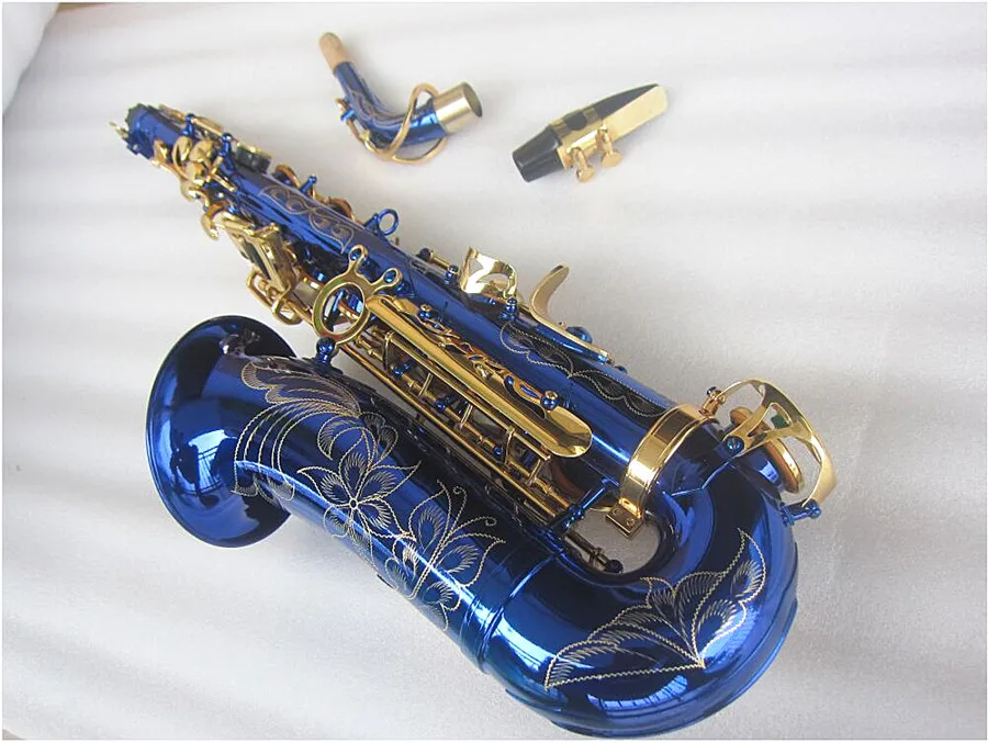 New Alto Saxophone Eb brass Unique Blue gold key Carved Surface E Flat Instrument Sax With Case