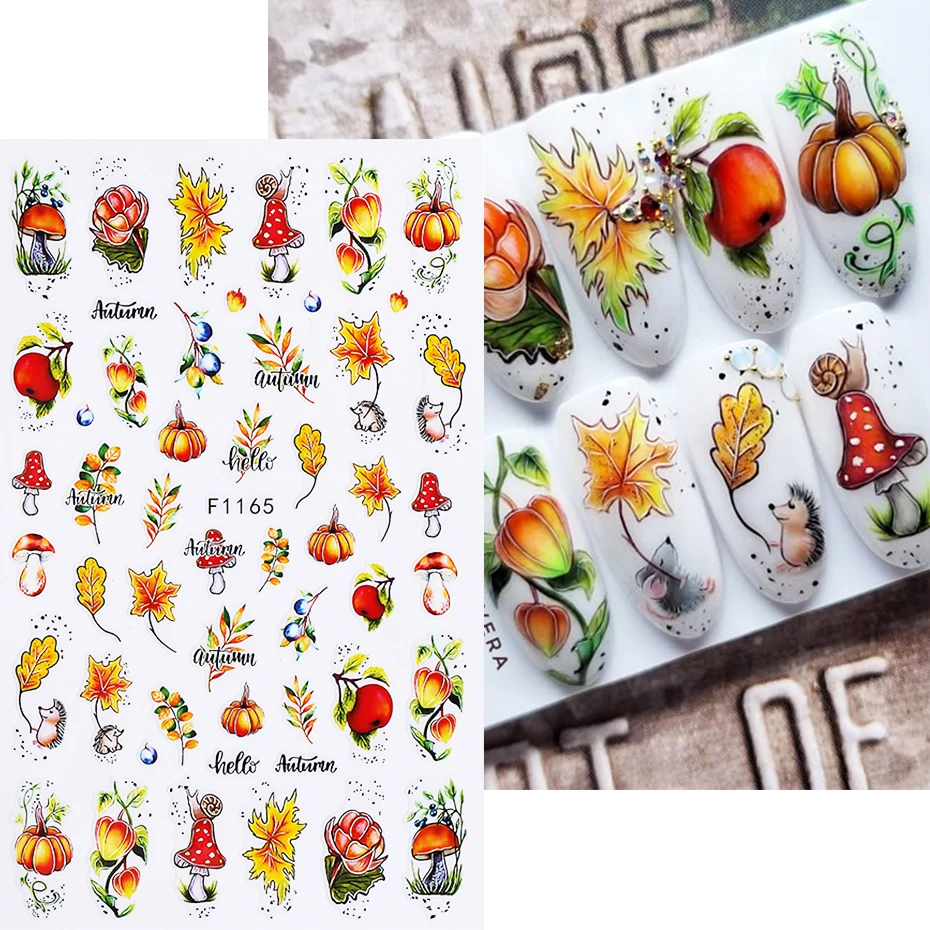 10pcs Autumn Winter Nail Stickers Maple Leaf Pumpkin Mushroom Flowers Self-Adhesive Nail Decals Thanksgiving DIY Manicure Decor
