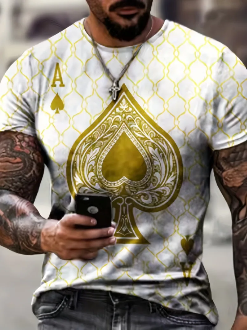 

Summer Men's T-shirt, Poker Graphic Print O-neck Short Sleeve,2024 Casual Fashion Men's T-shirt, Street Retro Style Oversize Tee