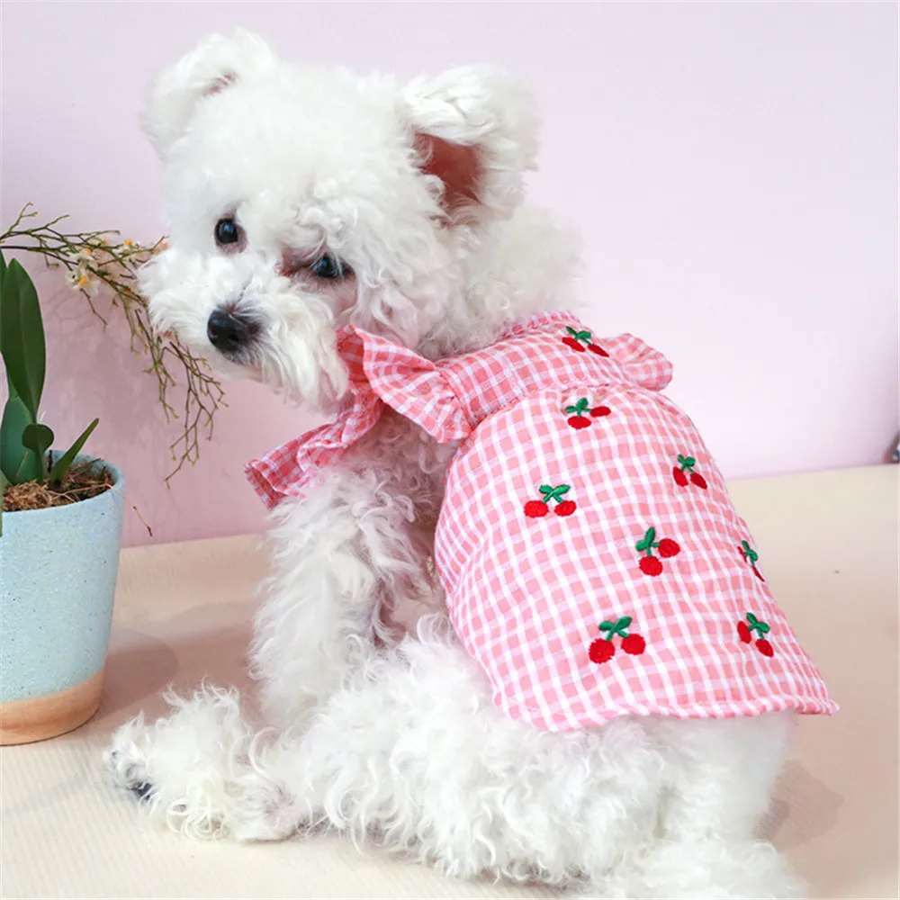 

Miflame Red Plaid Dog Princess Dress Cherry Printed Pet Clothing Pomeranian Bichon Teddy Small Dogs Skirts Summer Puppy Outfits