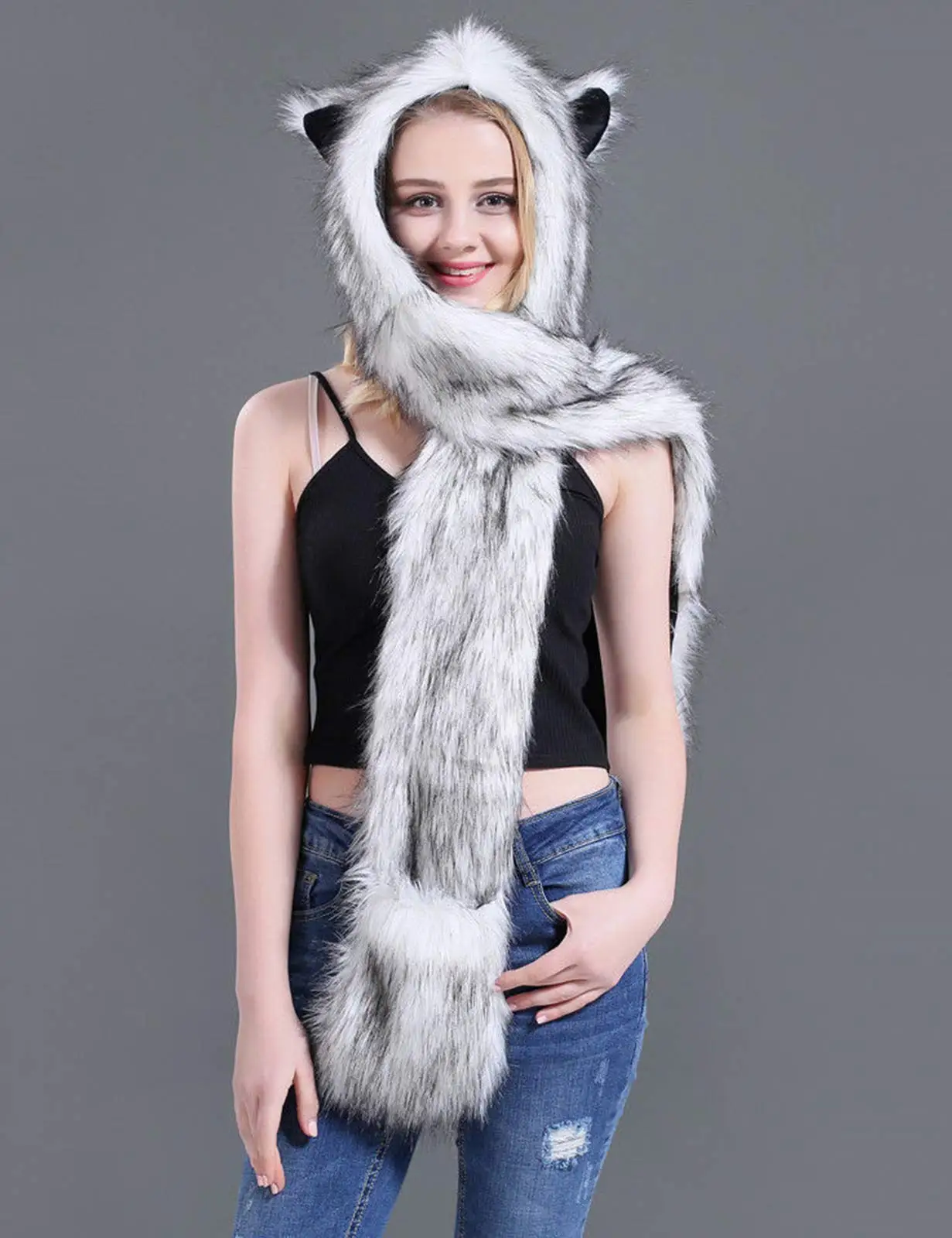 Snow Wolf Faux Fur Hood Animal Hat Ear Gloves 3 in1