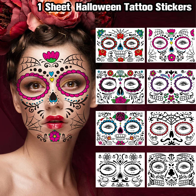 

1 Sheet Halloween Funny Face Tattoo Stickers Creative Horror Temporary Non-toxic Makeup Dance Death Spirit Face Stickers