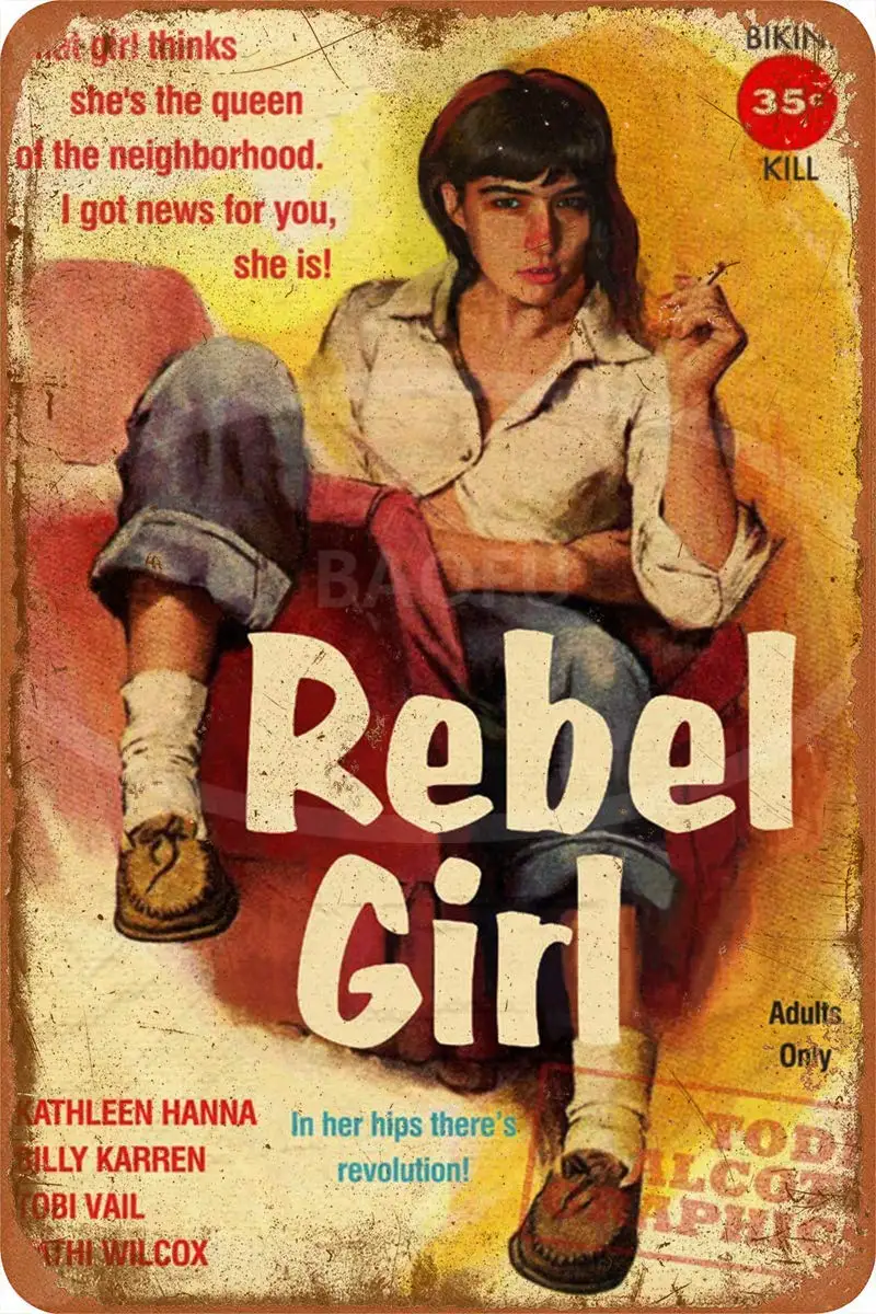 

Bikini Kill Rebel Girl 1950s Iron Painting Wall Poster Metal Vintage Band Tin Signs Retro Garage Plaque Decorative Living Room G