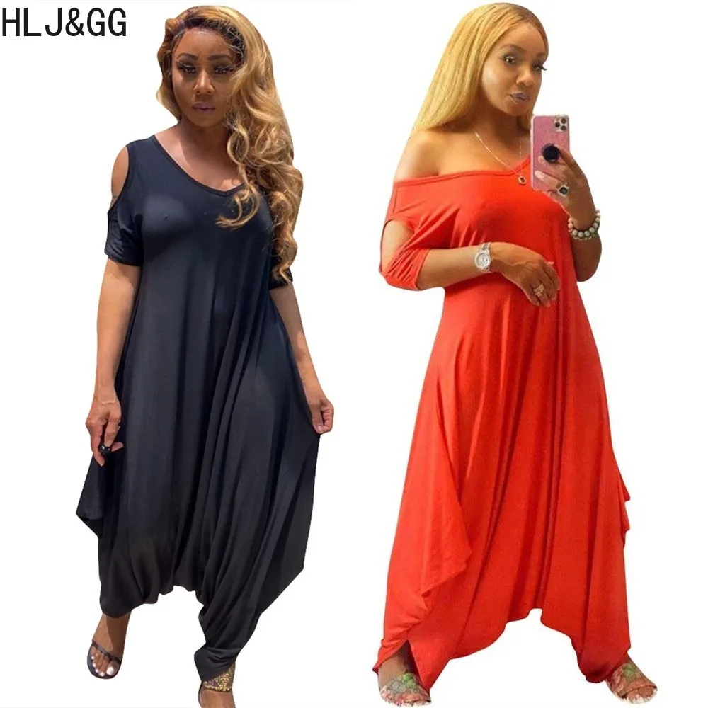 HLJ&GG Fashion Loose Street Style Women Off Shoulder Short Sleeve Harem Pant Playsuits Casual Female Solid Streetwear Overalls