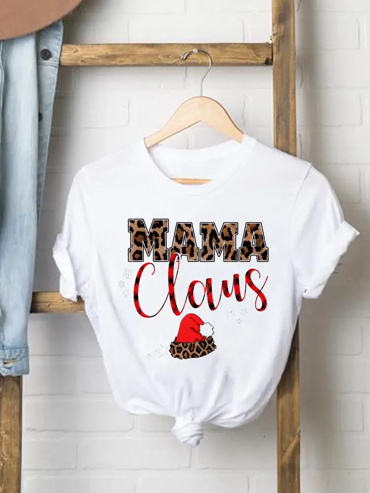 

Christmas Leopard Lovely Style Cute New Year Women Clothes O-neck Graphic Fashion Print T-shirt Lady Casual Female Shirt Tee