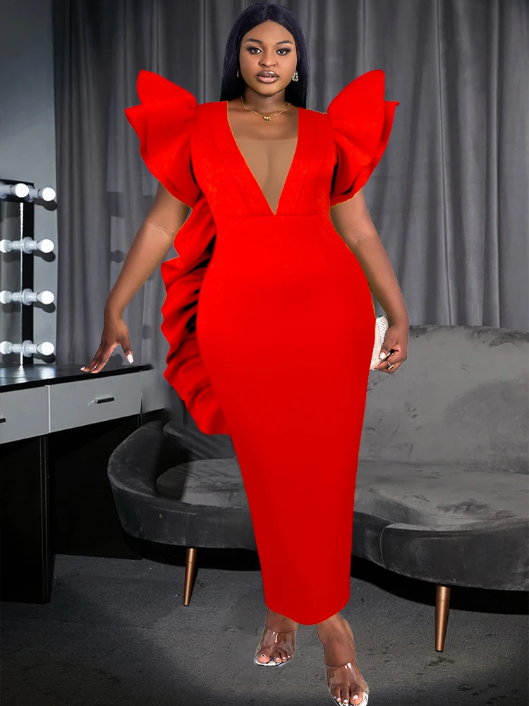 

V Neck Dresses for Women Evening Cocktail Party Short Ruffles Sleeve Empier Bodycon Long Outfits Large Size Prom Gowns 2023