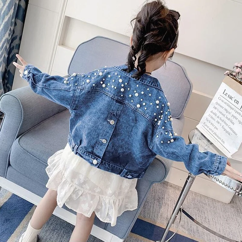 Chaquetas de mezclilla con flores y perlas para niñas, abrigo con