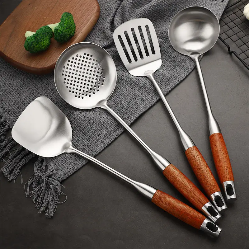Thickened Stainless Steel Wooden Handle Spatula Soup Cooking Frying Shovel Anti-Scald Colander Integrated Kitchen Utensils