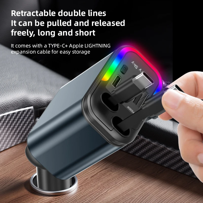 4-in-1 Car Charger with 2 Retractable Cable 180W Fast Charger Power Adapter Car Charger With Starlight For IOS Android Phones