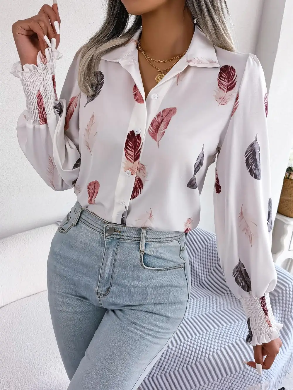 

Women's Feather Printed Long Sleeved Shirt, Casual Shirt, White, Pink, Blue Shirts For Women Blusas Elegantes Finas Pa...