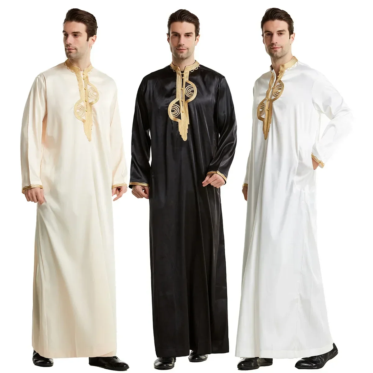 

2024 Embroidery Ramadan Thobe for Men Muslim Stand Collar Long Sleeves Islamic Imitation Silk Robe Kaftan Thawb Dubai Long Abaya