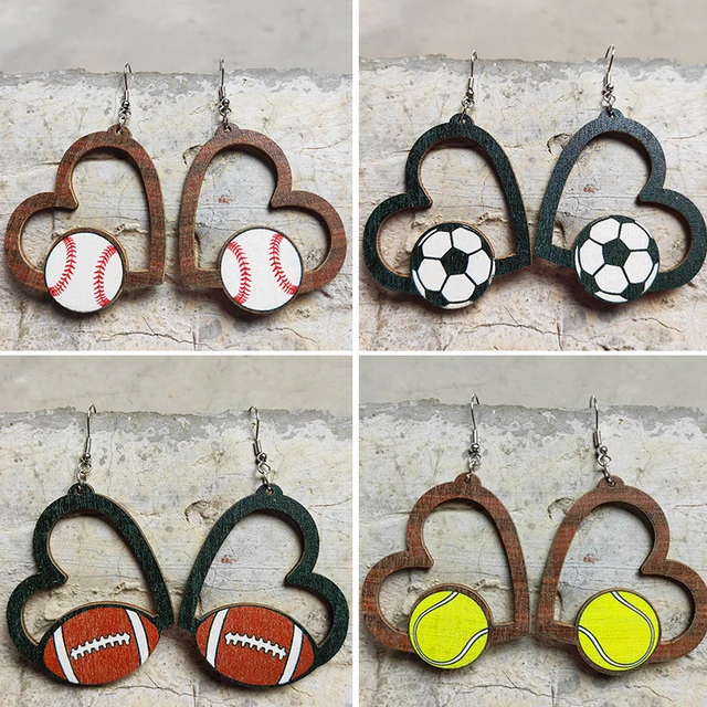 Sports Heart Dangle Earrings (Baseball, Basketball, Hockey, Volleyball, Football, Soccer)