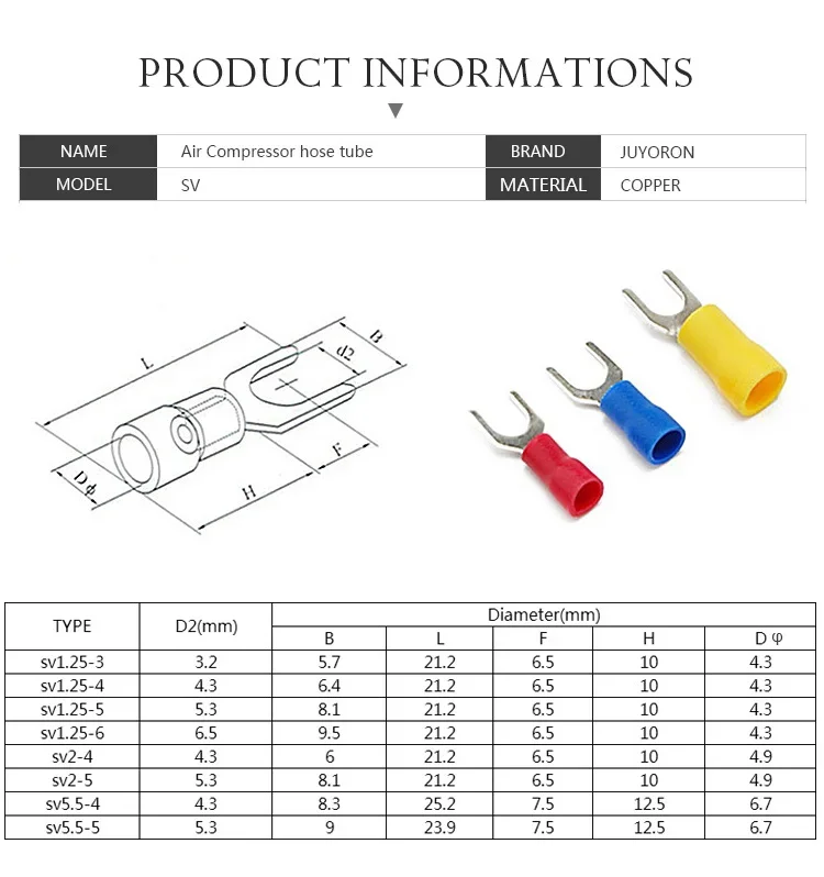 Description Picture 2 of item100Pcs SV1.25 SV2 Wire Spring Terminal U Y Shape SV Type Fork Insulate Ferrules Block Spade Cold Press Cable End Crimp Connector