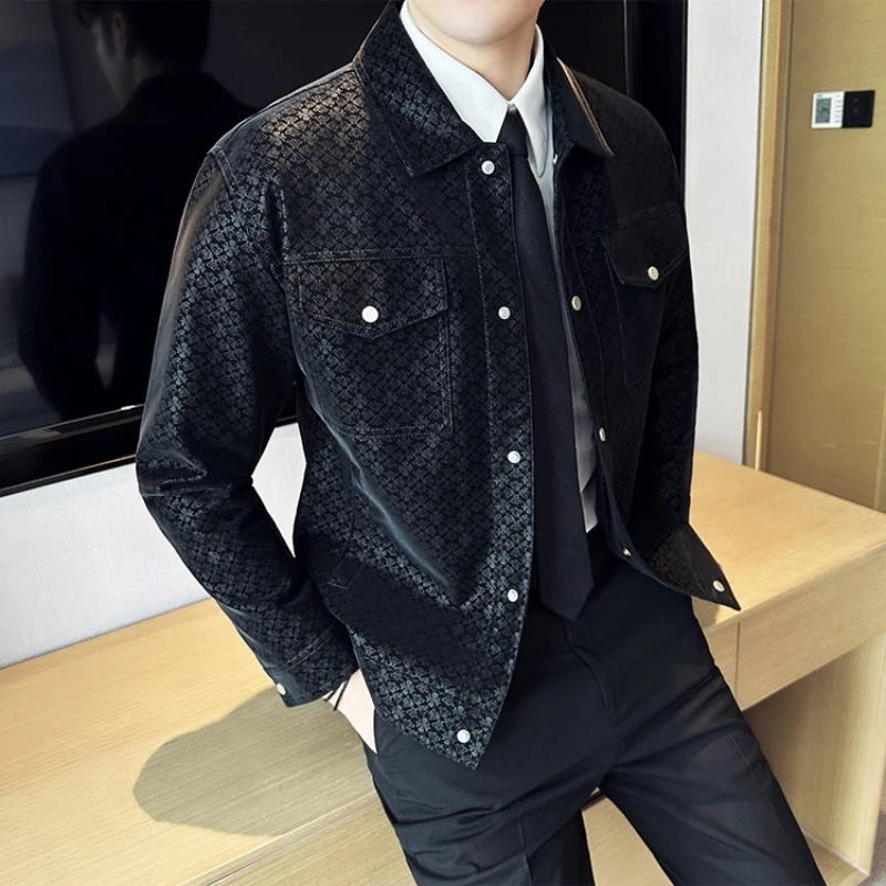 Brand Full Print Pattern Leather Jackets Men Pocket Decoration Lapel PU Motorcycle Jacket Slim Casual Business Coat Men Clothing