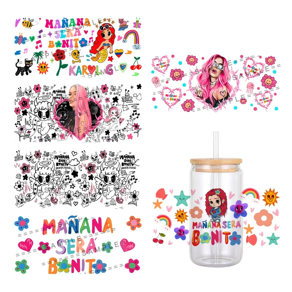 Cartoon Red Hair Karol G Pattern UV DTF Transfer Sticker Waterproof Transfers Decals 16oz Glass Cup Wrap Stickers