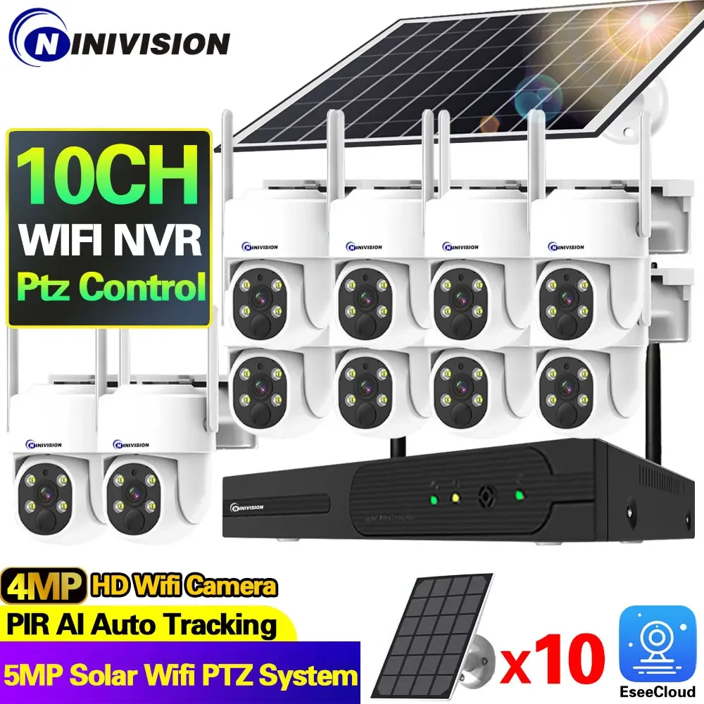 

10CH 5MP NVR Lower Consumption Solar Panel Battery Track Surveillance Sysrtem Wireless 4MP PTZ Security Camera Surveillance Kit