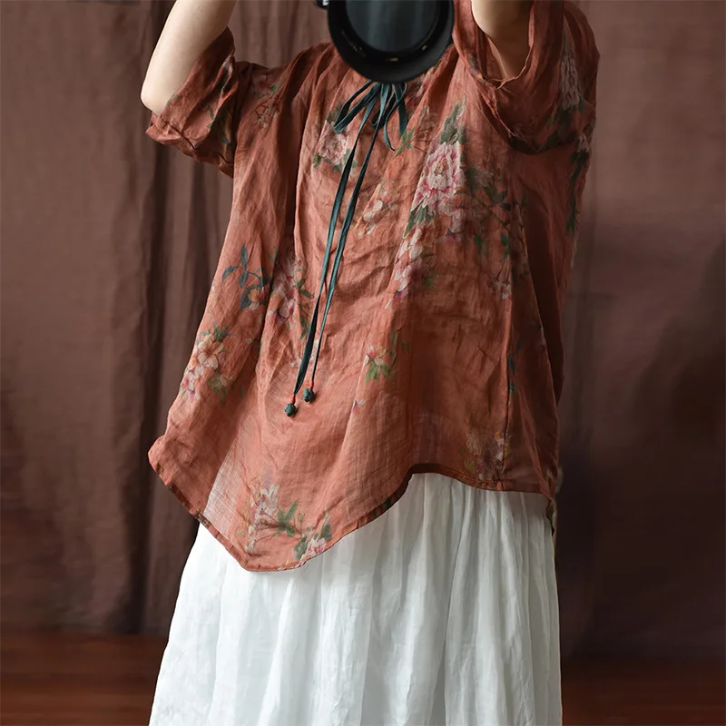 

Women Vintage Printed Floral Shirts O Neck Summer Thin Ramie Tops 2022 New Spring Summer Plus Size High Quality Camisas Mujer